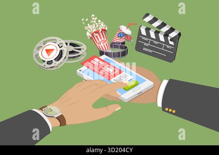3D Isometrische flache Illustration der Online-Kinobestellung, Mobile Movie Theater 3D Isometrische flache Illustration von Online-CI Stockfoto