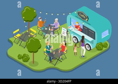3D Isometrische flache Illustration des Street Food Restaurants, Sommer öffentliche Unterhaltung Party 3D Isometrische flache Illustration von Stockfoto