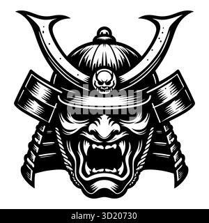 Schreiender Samurai Skull in Kabuto Helm Vektor Illustration mit auffälligen Linien und wildem Ausdruck. Kombiniert traditionelle japanische Krieger Stock Vektor