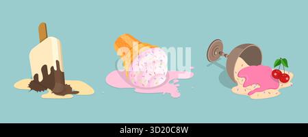 Isometrische flache 3D-Illustration des Sets gefallener Eiscremes, Milchdessert auf dem Boden liegend 3D Isometrische flache Illustration des Sets Stockfoto