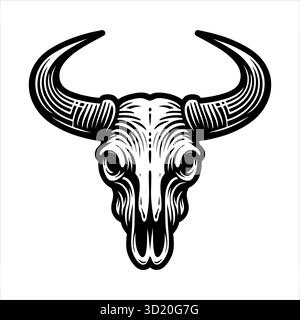 Schwarz-weiße Vektor-Illustration eines Bullenschädels mit auffälligen, klaren Linien und rustikalen Details. Stock Vektor