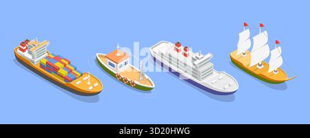 3D Isometrischer flacher Satz von Seeschiffen, Wassertransportbooten Stockfoto