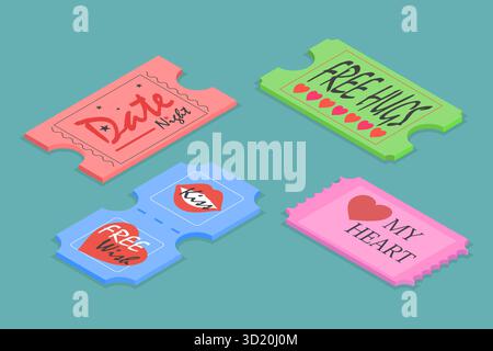 3D Isometrischer flacher Satz Love Coupons, Retro Vintage Tickets3D Isometrischer flacher Satz Love Coupons, Retro Vintage Tickets Stockfoto