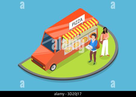 Isometrische flache 3D-Illustration von Pizza Foodtruck, Street Food3D Isometrische flache Illustration von Pizza Foodtruck, Street Food Stockfoto