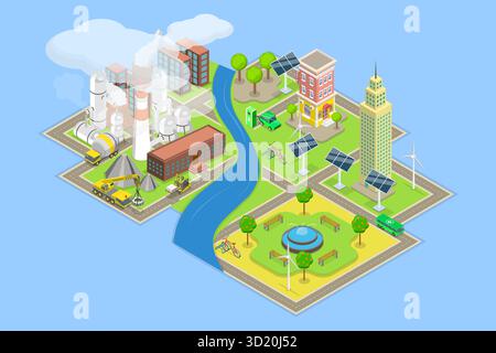 Isometrische flache 3D-Illustration von Nachhaltigkeit vs. Verschmutzung, Klimaschutzwareness3D Isometrische flache Illustration von Susta Stockfoto