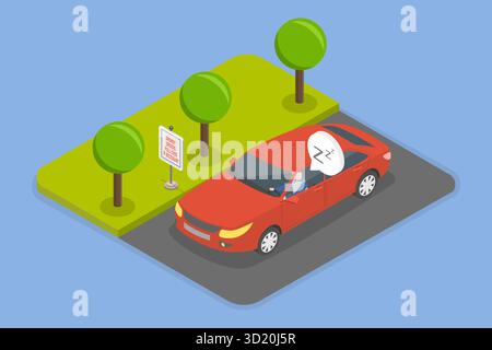 3D Isometrische flache Darstellung des Schläfrigen Fahrers, unsicheres Fahren 3D Isometrische flache Darstellung des Schläfrigen Fahrers, unsicheres Fahren Stockfoto