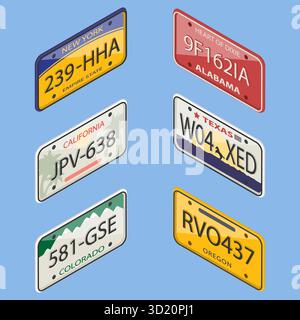 3D Isometrischer flacher Satz von Nummernschildern, Sammlung aus verschiedenen US-Bundesstaaten Stockfoto