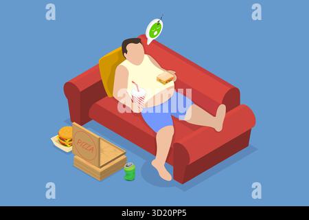 Isometrische 3D-Illustration von übermäßigem Essen, fauler übergewichtiger Mann, der auf der Couch liegt Stockfoto