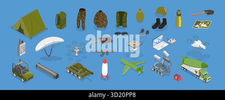 3D Isometrische flache Illustration von Millitary Collection, Army Equipment Stockfoto