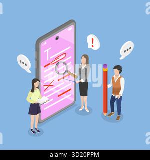 3D Isometrische flache Illustration der englischen Grammatikprüfung, korrekte Sprachlinguistik Stockfoto