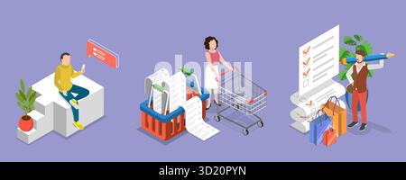 Isometrische flache 3D-Illustration des Online-Einkaufs, Wunschzettel Stockfoto