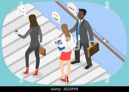 Isometrische flache 3D-Illustration von Geschäftsleuten, die nach der Kaffeepause mit strahlendem Lächeln die Treppe zum Büro aufsteigen, Team Spirit at Company Stockfoto