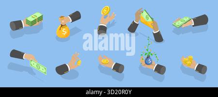 Isometrische 3D-Illustration von Händen, die Geld in verschiedenen Formen halten, Münzen, Banknoten und Bargeld Stockfoto