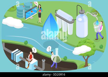 Isometrische 3D-Illustration von Wasseraufbereitungssystemen, Abwasserbehandlungsprozessen Stockfoto