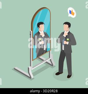 Isometrische flache 3D-Illustration der Hochzeitszeremonie, Mann im formellen Anzug, der sich auf die Arbeit vorbereitet oder die Hochzeitszeremonie vor dem Spiegel Stockfoto