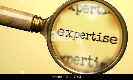 Expertise unter Lupe. Gründliche Analyse und Prüfung des Fachwissens. Ein genauerer Blick auf Fachwissen. Prüfung des Begriffs Expe Stockfoto