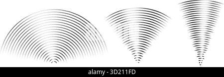 Gepunktete Schallwellen-Signaleinstellung. Radialradio und Audio-Symbole für Musik. Gekräuseltes Radar-Vibrationselement-Schildbündel. Schwarzes gebogenes Impulspaket. Echokardiographie-Symbole. Vektor Stock Vektor
