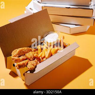 Köstliches frittiertes Hühnchen und Pommes Frites, serviert in Take-out-Behältern vor einem lebhaften Hintergrund Stockfoto