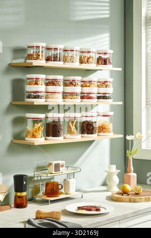Organisiertes Küchenregal mit Glasaufbewahrungsgläsern gefüllt mit Nüssen Gewürzen getrocknete Früchte auf grüner Wand Stockbild Stockfoto