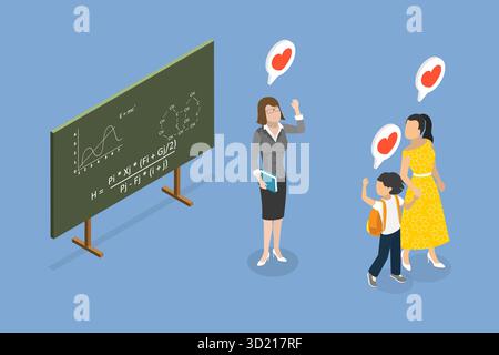 Isometrische flache 3D-Illustration der Junior School Class, die ein Kind am Ende des Tages von der Schule abholt Stockfoto