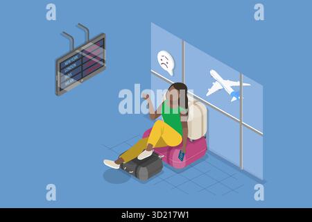 Isometrische flache 3D-Illustration der Flugstornierung, wütender Charakter wartet im Gepäck auf verspäteten Flug Stockfoto