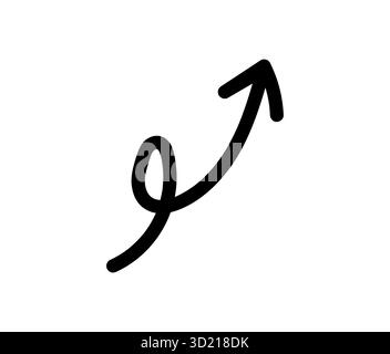 Handgezeichneter schwarzer gebogener Pfeil, der nach oben zeigt, Vektorsymbol auf weißem Hintergrund, das Erfolg und Fortschritt in der Wachstumsrichtung darstellt Stock Vektor