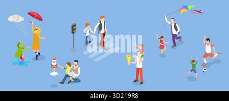 Isometrische flache 3D-Illustration positiver Elterntipps, Kind wächst in liebevoller Familie Stockfoto