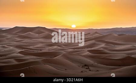 Goldener Sonnenuntergang, der majestätische Sanddünen in Erg Chebbi, Sahara-Wüste, Marokko beleuchtet Stockfoto