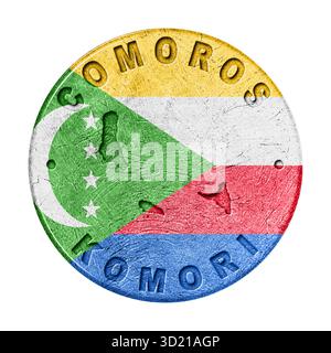 Komoren Flaggenschaltfläche mit Karte Stockfoto