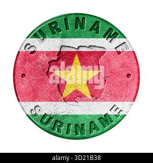 Schaltfläche „Suriname Flag“ mit Karte, Retro-Stil Stockfoto