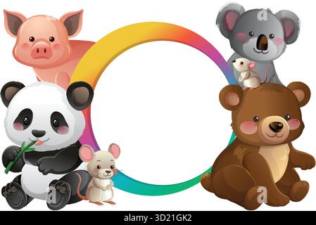 Niedliche Baby-Panda, Schwein, Bär, Koala und Mäuse umgeben einen leuchtenden Regenbogenkreis Stock Vektor