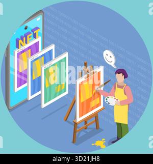 Isometrische flache 3D-Illustration von nicht fungibles Token, NFT-Token in Crypto Artwork Stockfoto