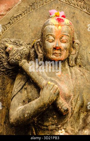 Skulptur in Kumari Ghar oder Haus der lebenden Göttin. Patan, Kathmandu, Nepal, Asien. Stockfoto
