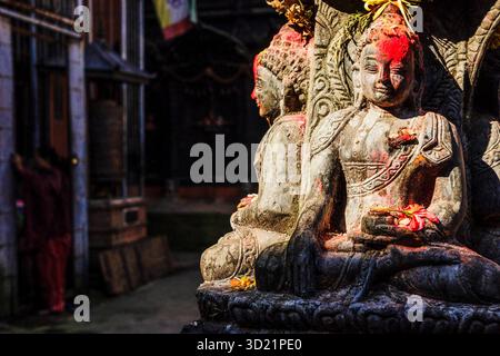 Skulptur in Kumari Ghar oder Haus der lebenden Göttin. Patan, Kathmandu, Nepal, Asien. Stockfoto