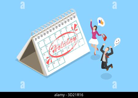 3D-Isometrische flache Darstellung von langer Feiertage des Mitarbeiters, Jahresurlaub Stockfoto