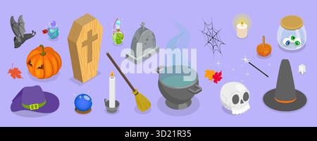 3D Isometrischer flacher Satz von Halloween-Gegenständen, Sammlung von gruseligen Objekten Stockfoto