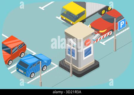 Isometrische flache 3D-Illustration von bezahltem bewachtem Parkplatz, Parkzone mit Zahlungssystem Stockfoto