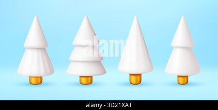Vier weiße 3D-Winterbäume mit goldenen Grundstücken. Neujahr- und weihnachtsfeierkonzept. Minimalistisches Design für die Wintersaison. Stock Vektor