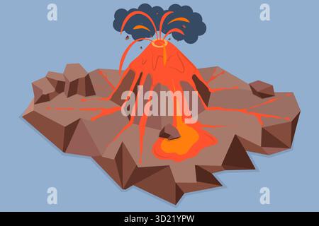 Isometrische flache 3D-Illustration des Vulkanausbruchs, des Magma-Flusses, der katastrophalen Katastrophe Stockfoto