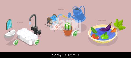 Isometrische 3D-Illustration zur Wassereinsparung, Wasserkonservierung und Einsparung trinkbarer Ressourcen Stockfoto