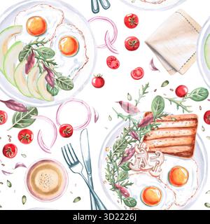 Nahtloses Muster mit Produkten für englisches Frühstück auf weißem Hintergrund. Aquarellillustration zum Thema Frühstück für Restaurant-Menü und Inneneinrichtung Stockfoto