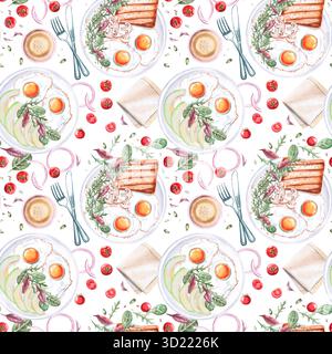 Nahtloses Muster mit verschiedenen Frühstücken auf weißem Hintergrund. Aquarellillustration zum Thema Essen für die Gestaltung des Menüs und der Inneneinrichtung Stockfoto