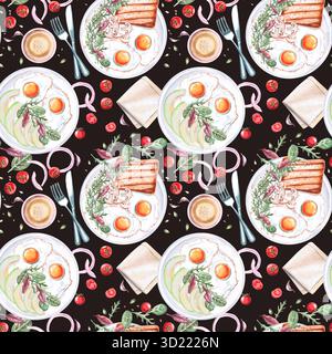 Nahtloses Muster mit verschiedenen Frühstücken auf schwarzem Hintergrund. Aquarellillustration zum Thema Essen für die Gestaltung des Menüs und der Inneneinrichtung Stockfoto