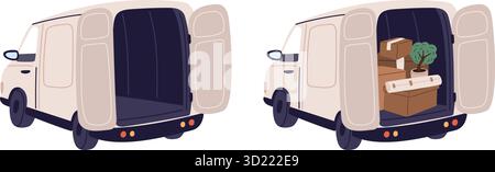 Rückseite des Lieferwagens leer und mit Pappkartons. Versandservice. Frachtwagen. Container werden in den Transporter geladen. Fracht für Umsiedlung. Transportwagen Stock Vektor