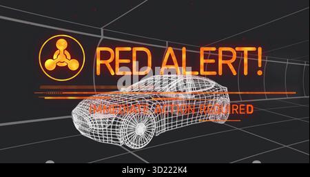 Zeigt das Drahtmodell einer Limousine an, das sich innerhalb eines digitalen Gittertunnels bewegt, mit ROTEM WARNBLINKSYMBOL Stockfoto