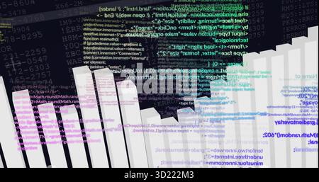 Rendering der Datenvisualisierung im Raster mit weißen 3D-Balken farbigen Codeausschnitten und numerischen Zeichenfolgen Stockfoto