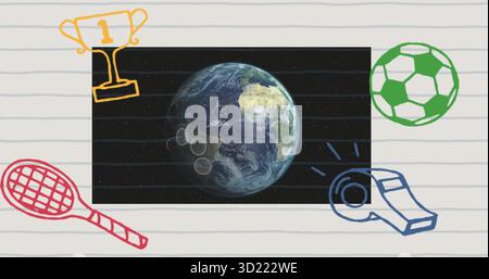 Zeigt die Erde mit konzentrischen Zielmarkierungen auf einer linierten Seite mit sportlichen Kritzeleien Stockfoto