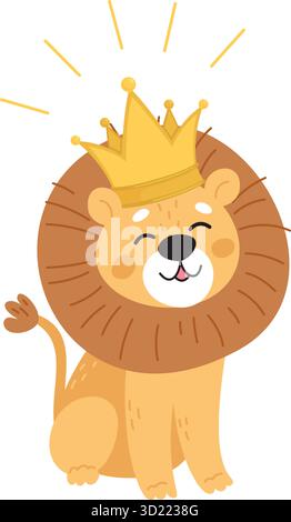 Süßer, lächelnder Löwe mit goldener Krone auf dem Kopf. Zeichentrickfilm Löwenin Jungkönig. Glückliches katzenes Säugetier. Afrikanische Safarikatze. Fleischfresser. Zoo Monarch Stock Vektor