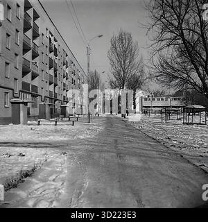 UdSSR, ukrainische SSR, 1960er Jahre Sloviansk, Oblast Donezk. Ein typischer Innenhof ('dvor') in einem neuen Wohnviertel, in der Nähe des zentralen Busbahnhofs. Auf der linken Seite befindet sich ein langes, fünfstöckiges Wohnhaus aus Backstein („Chruschtschewka“), das wahrscheinlich von der Armature and Insulator Plant (AIZ) erbaut wurde. Ein Kinderspielplatz und einfache Holzbänke säumen die schneebedeckte Gasse. Dieses Schwarzweiß-Archivfoto fängt einen ruhigen Wintertag und das tägliche Leben eines sowjetischen Mikroviertels ein. Stockfoto