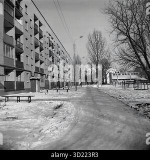 UdSSR, ukrainische SSR, 1960er Jahre Sloviansk, Oblast Donezk. Ein typischer Innenhof ('dvor') in einem neuen Wohnviertel, in der Nähe des zentralen Busbahnhofs. Auf der linken Seite befindet sich ein langes, fünfstöckiges Wohnhaus aus Backstein („Chruschtschewka“), das wahrscheinlich von der Armature and Insulator Plant (AIZ) erbaut wurde. Ein Kinderspielplatz und einfache Holzbänke säumen die schneebedeckte Gasse. Dieses Schwarzweiß-Archivfoto fängt einen ruhigen Wintertag und das tägliche Leben eines sowjetischen Mikroviertels ein. Stockfoto